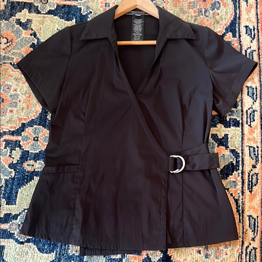 Noel Asmar Black Wrap Blouse with Notched Collar